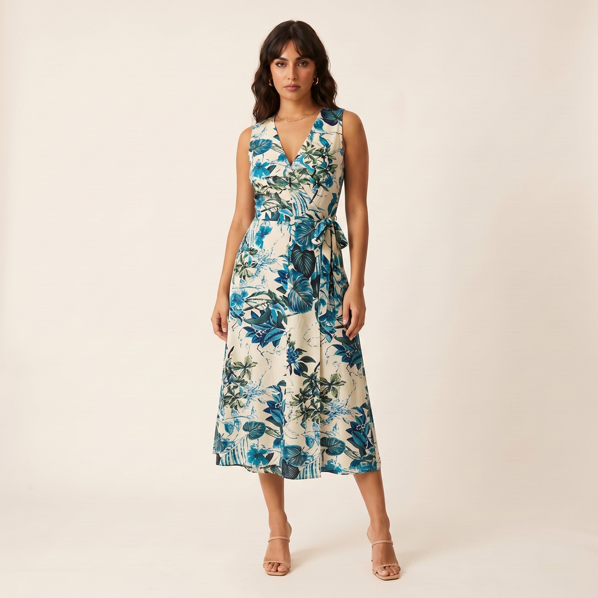 Cleo | Women's Floral Wrap Midi Dress - Blue Floral