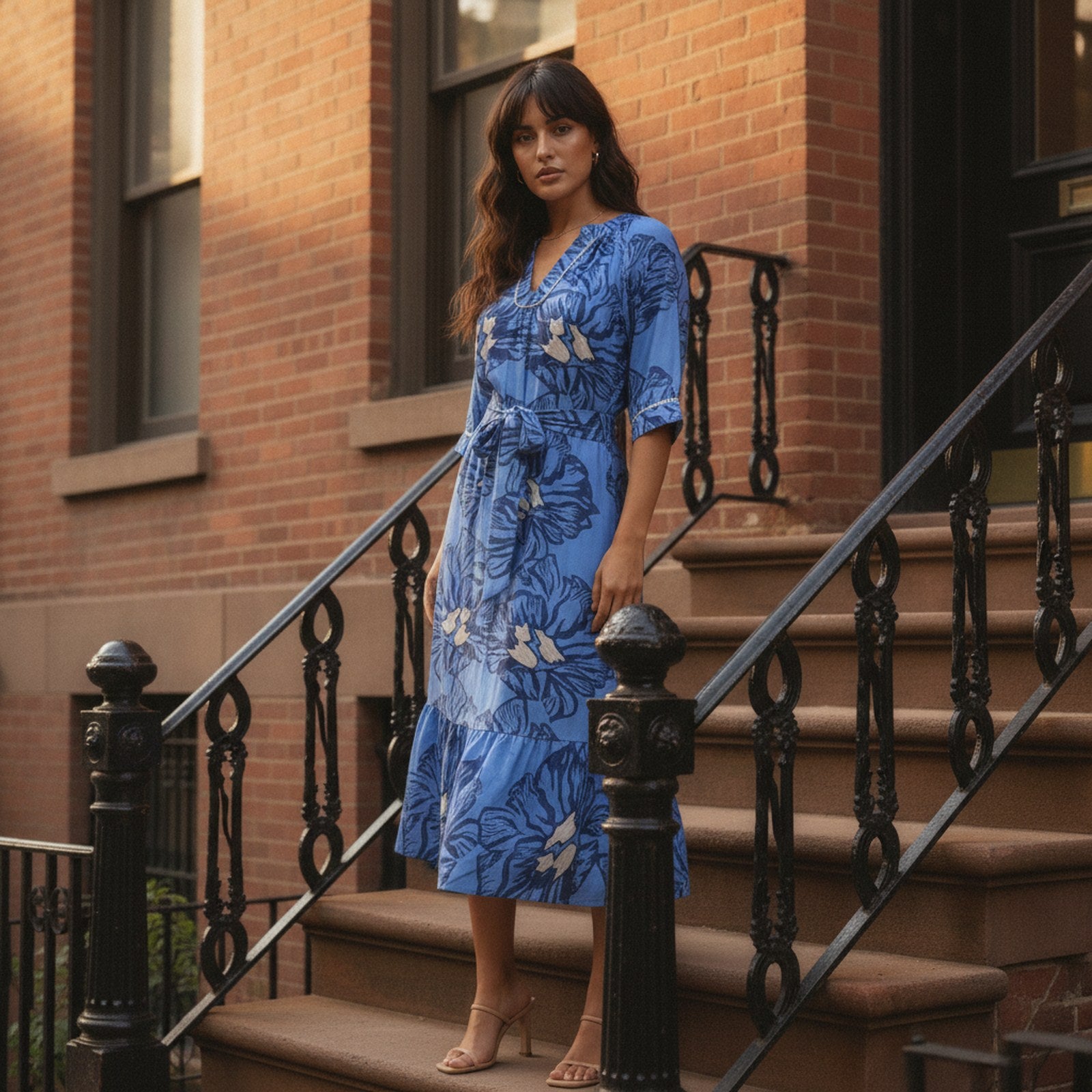 AIv2: Aria | Women's Floral Belted Midi Dress - Editorial