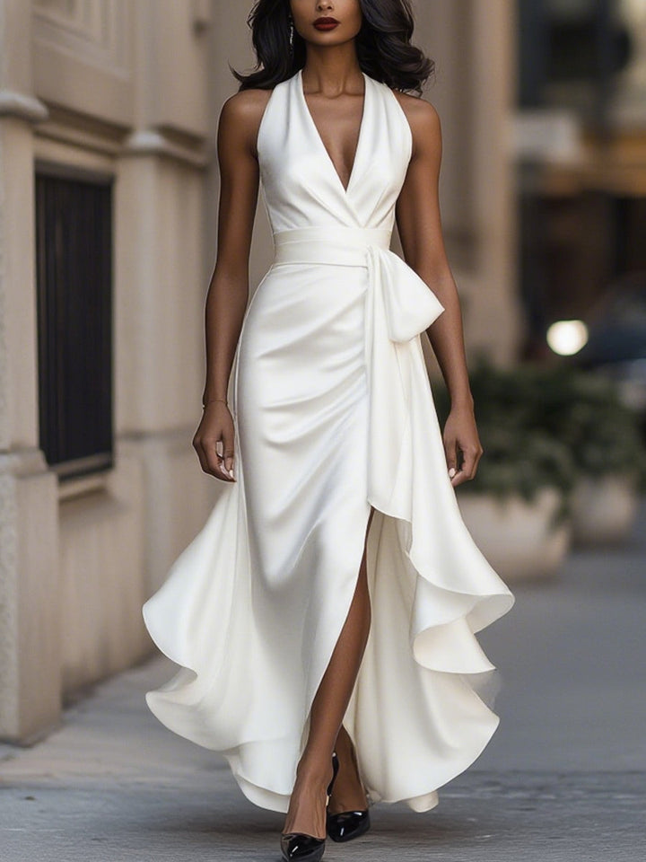 Midnight Elegance Satin Halter Ruffle Gown