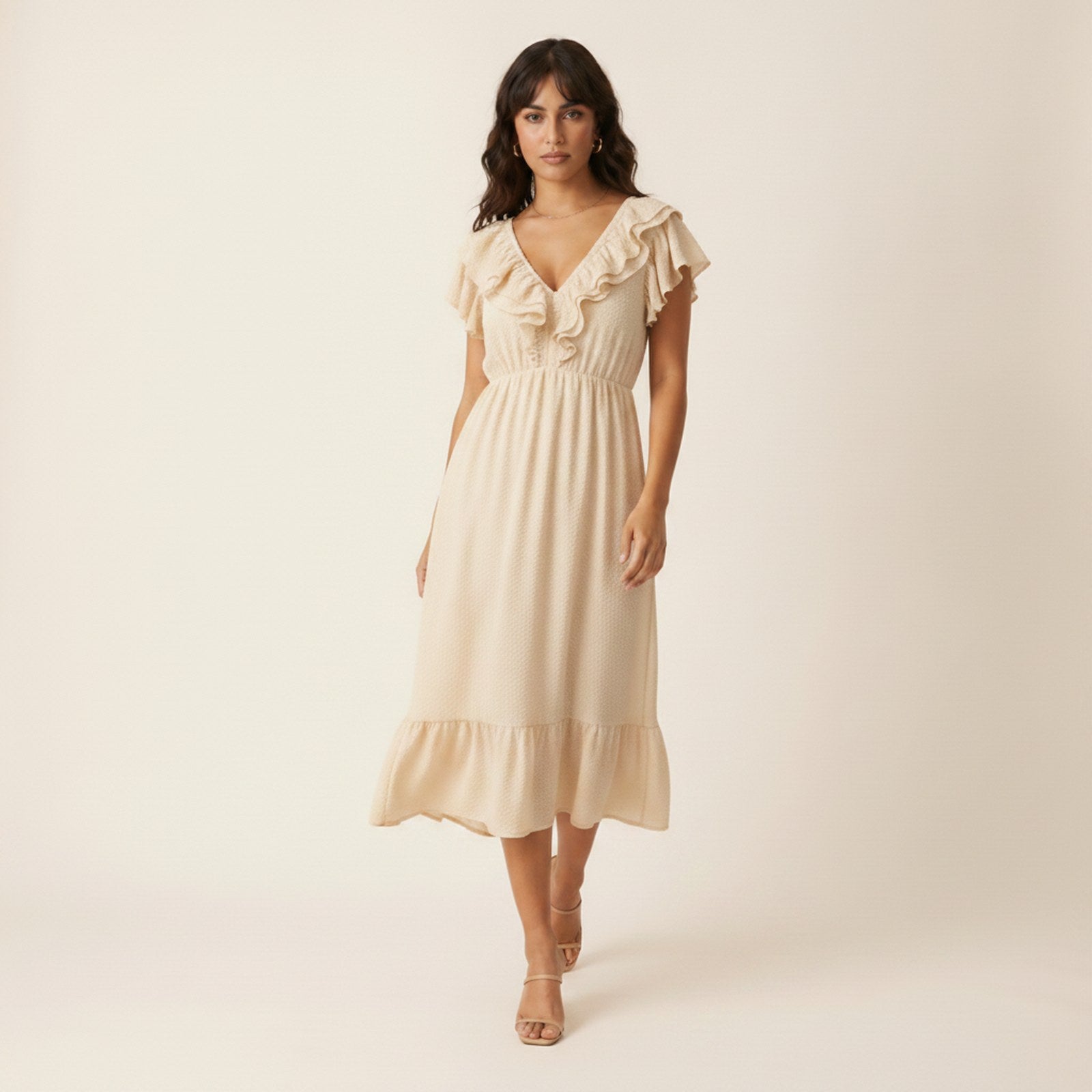 AIv2: Uma | Women's Textured Ruffle Midi Dress — Ecru - Movement