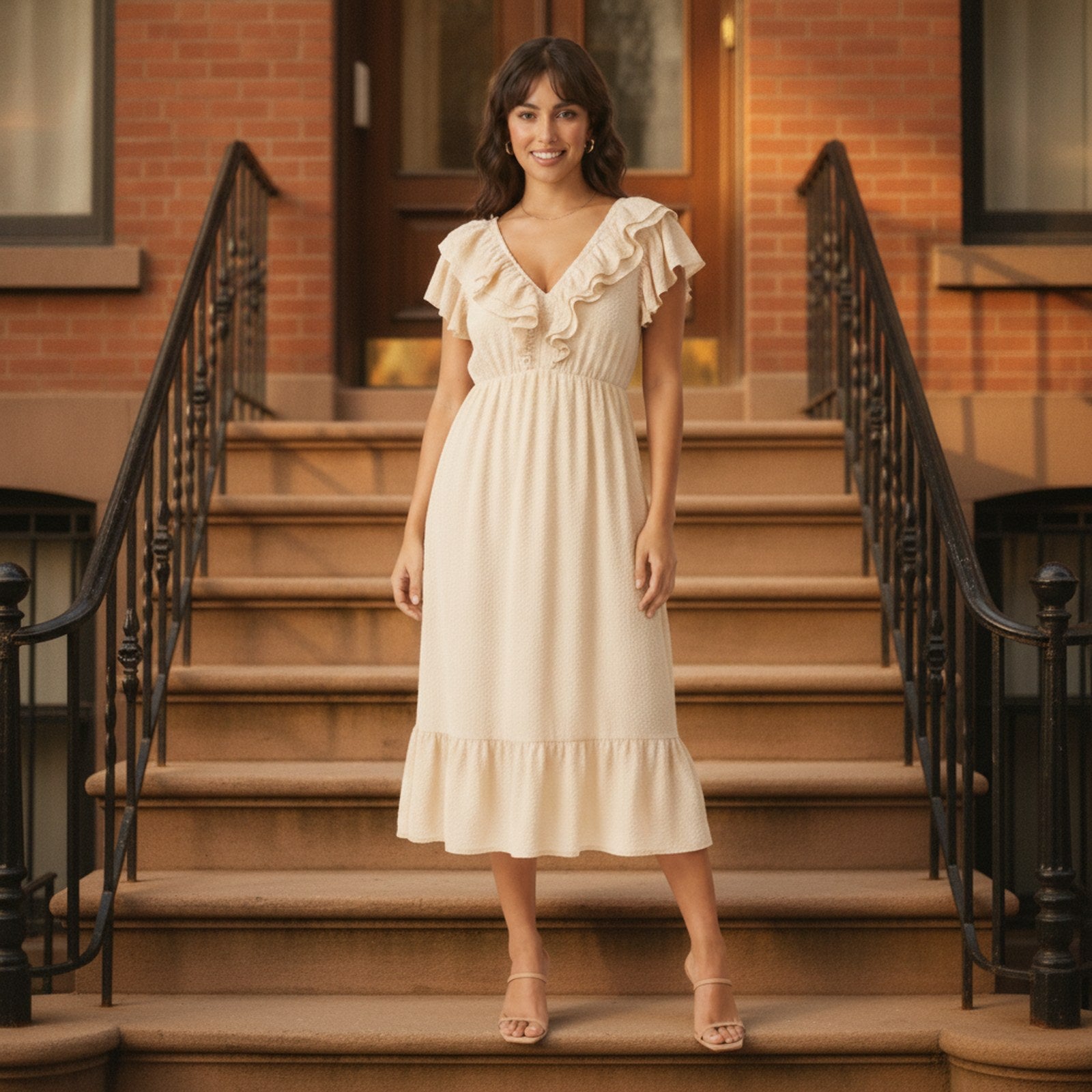AIv2: Uma | Women's Textured Ruffle Midi Dress — Ecru - Lifestyle