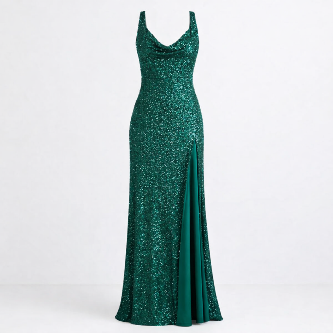 Women’s Hunter Green Sequin Maxi Dress - Cowl Drape