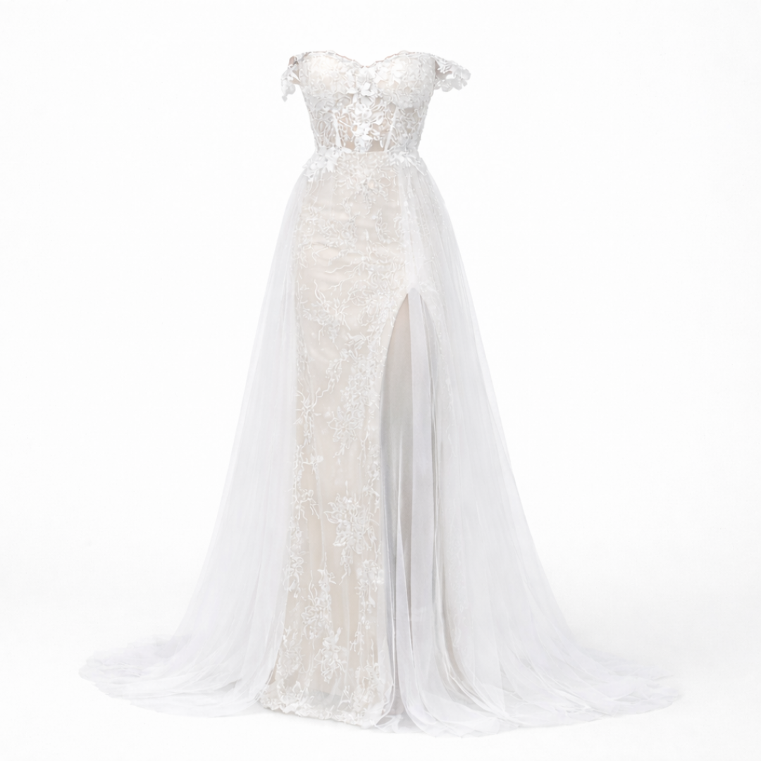 Women’s Ivory Champagne Beaded Bridal Gown - Elongated Silhouette