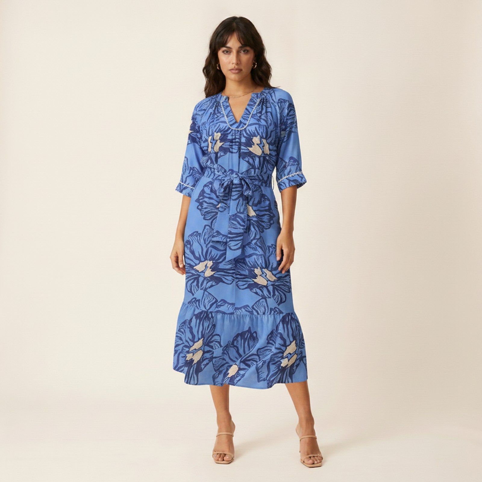 AIv2: Aria | Women's Floral Belted Midi Dress - Hero Front