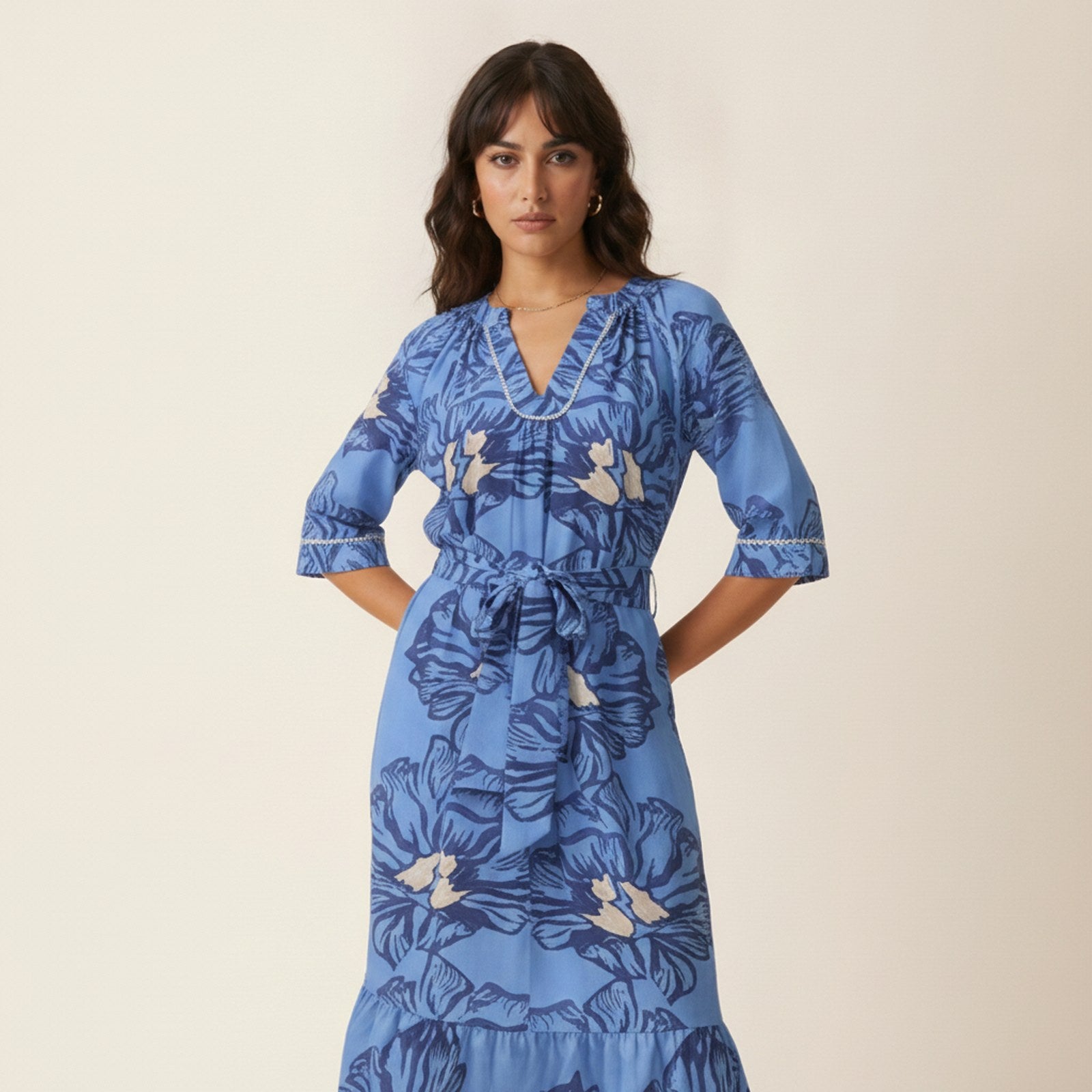 AIv2: Aria | Women's Floral Belted Midi Dress - Detail