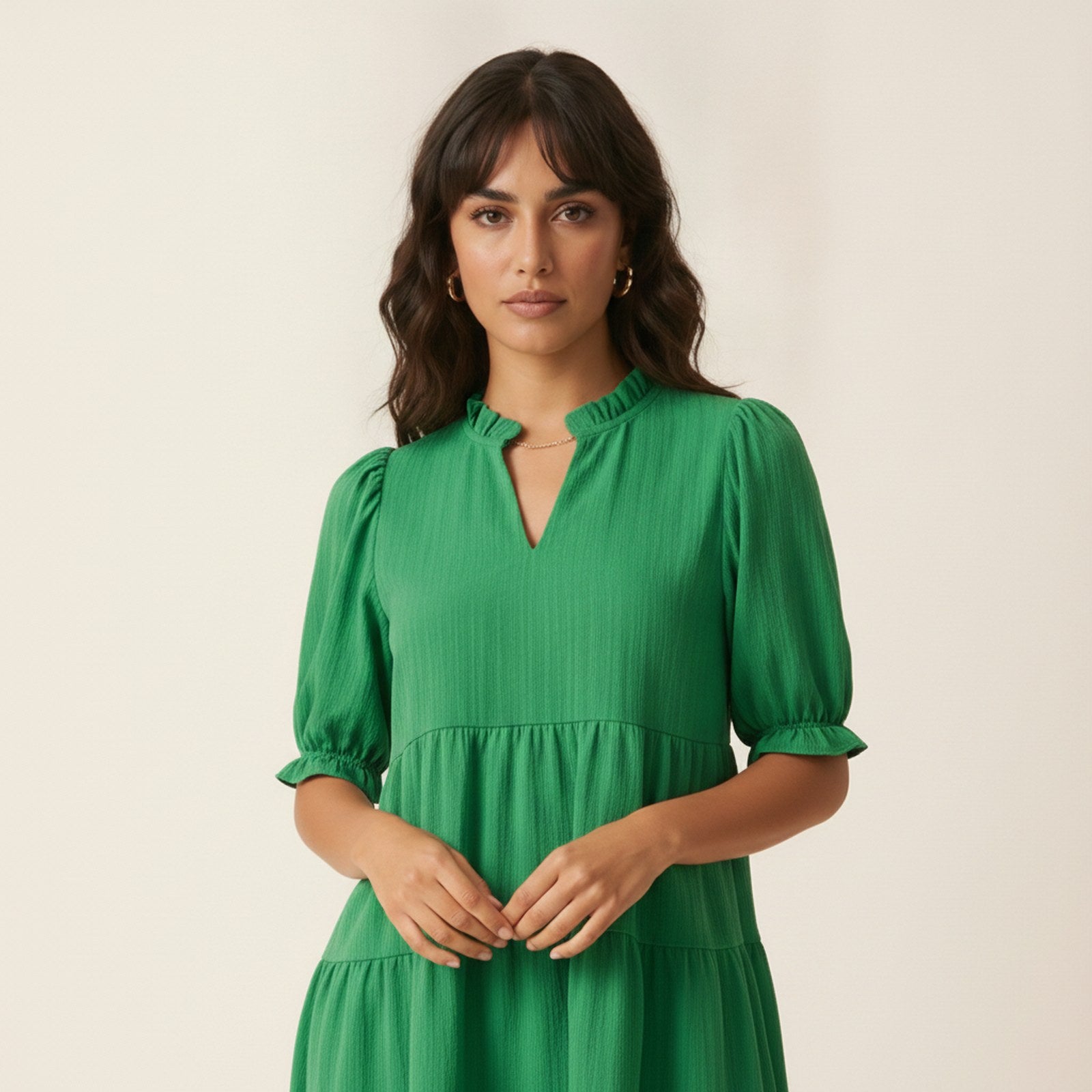AIv2: Faye | Women's Puff Sleeve Tiered Babydoll Dress - Detail
