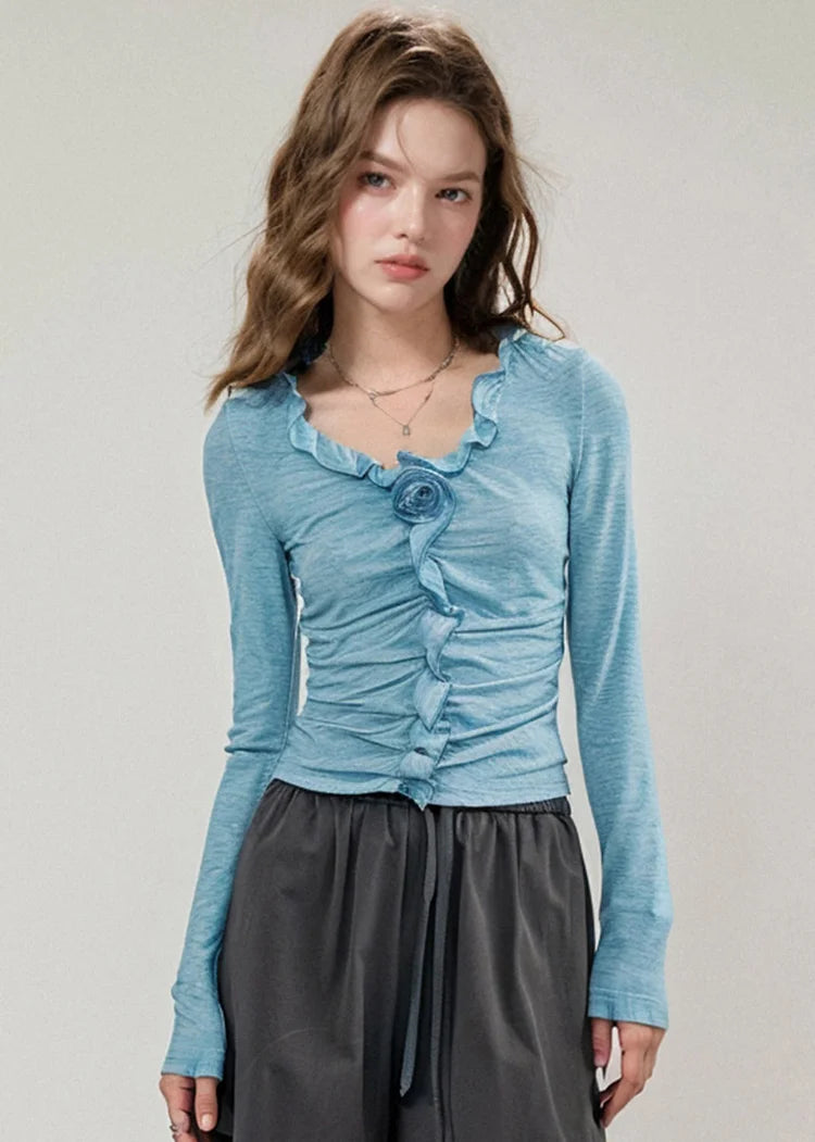Boutique Blue Cotton Pleated V-Neck T-Shirt for Autumn