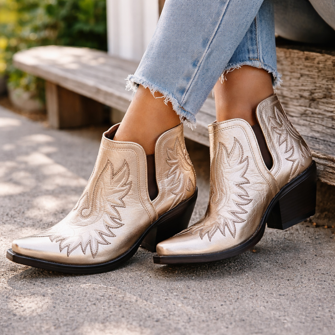 Ladies Gold Ankle Boots - Buckle Detail