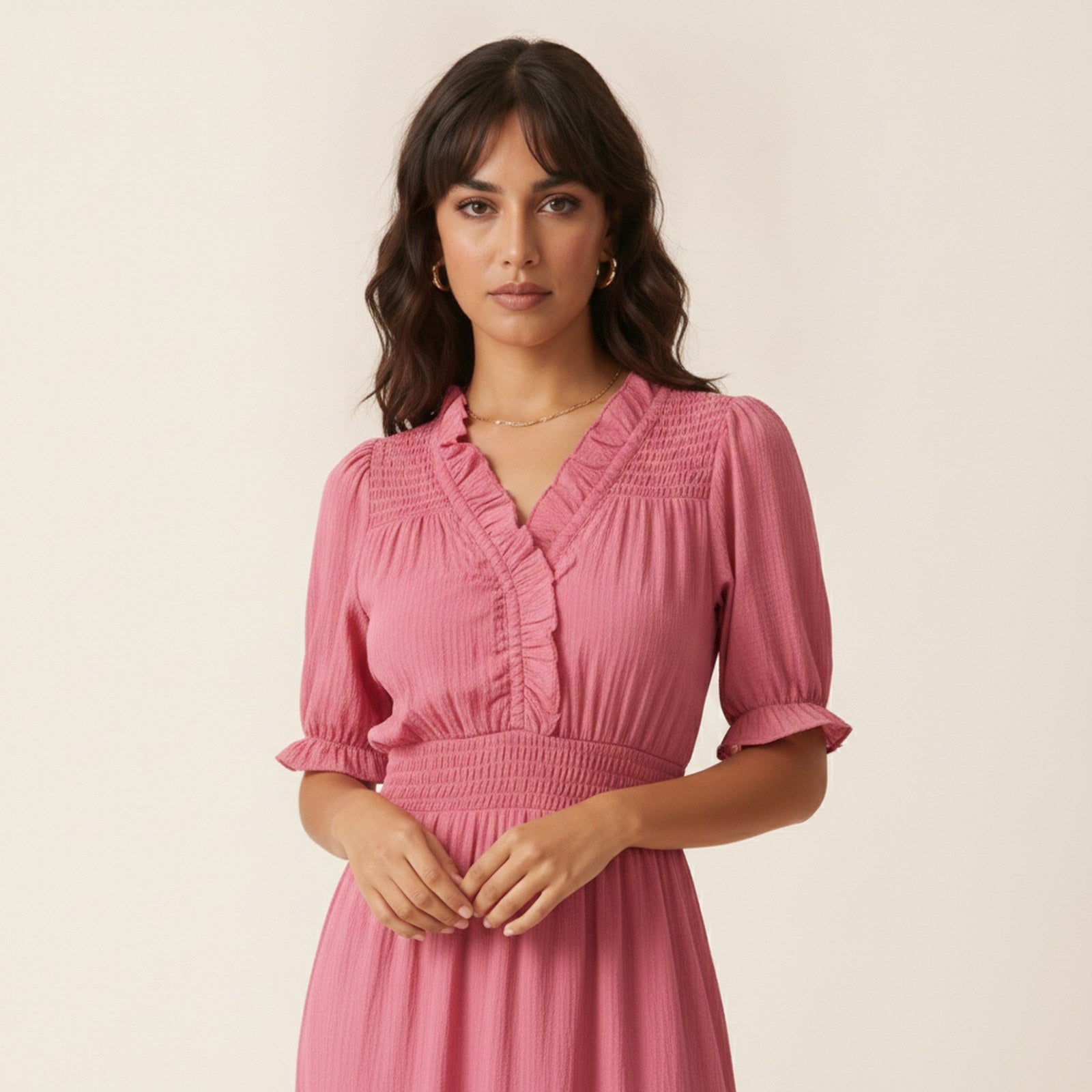 AIv2: Odette | Women's Ruffle V-Neck Midi Dress - Detail
