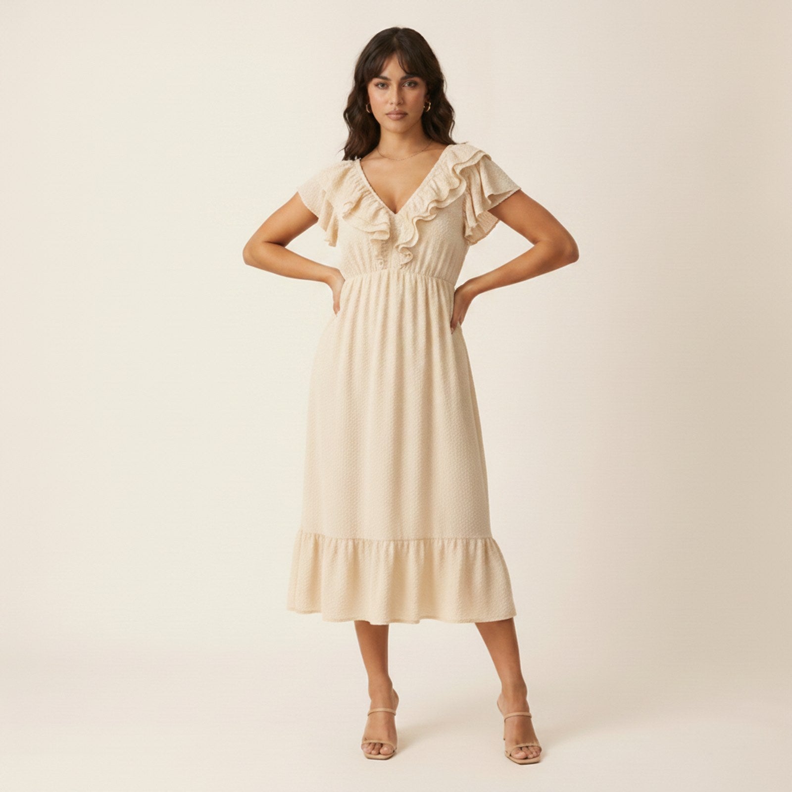 AIv2: Uma | Women's Textured Ruffle Midi Dress — Ecru - Detail