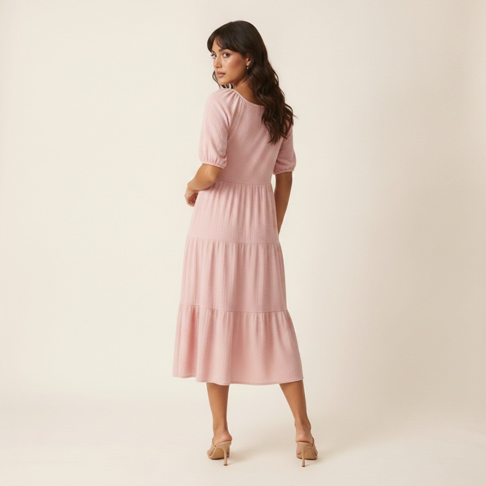 AIv2: Willa | Women's Textured Tiered Midi Dress - Back View