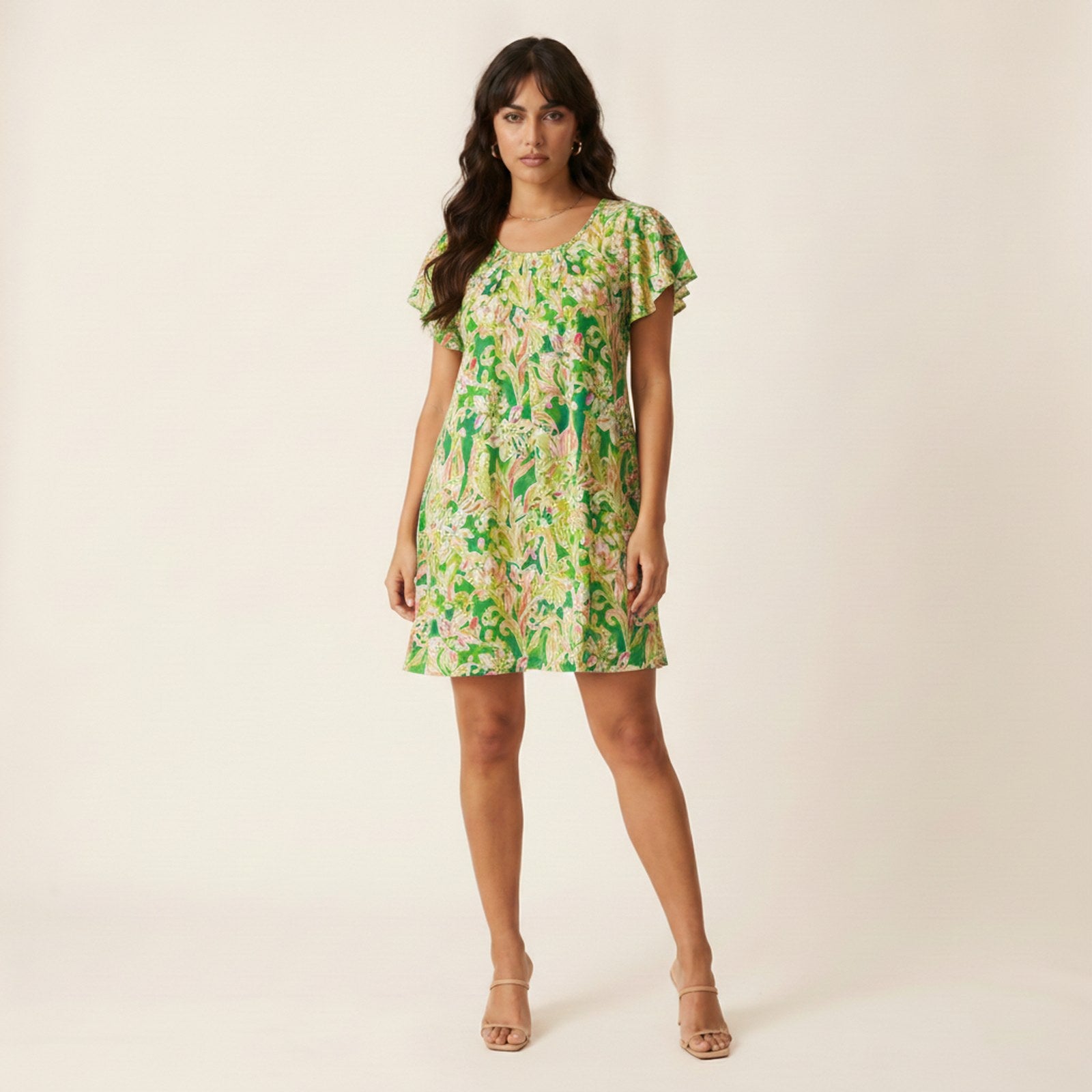 AIv2: Bea | Women's Tropical Floral Flutter Sleeve Swing Dress - Hero Front