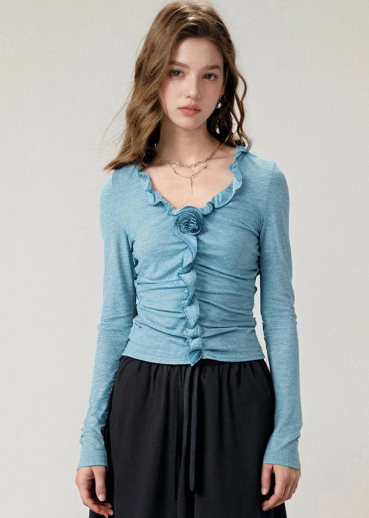 Boutique Blue Cotton Pleated V-Neck T-Shirt for Autumn