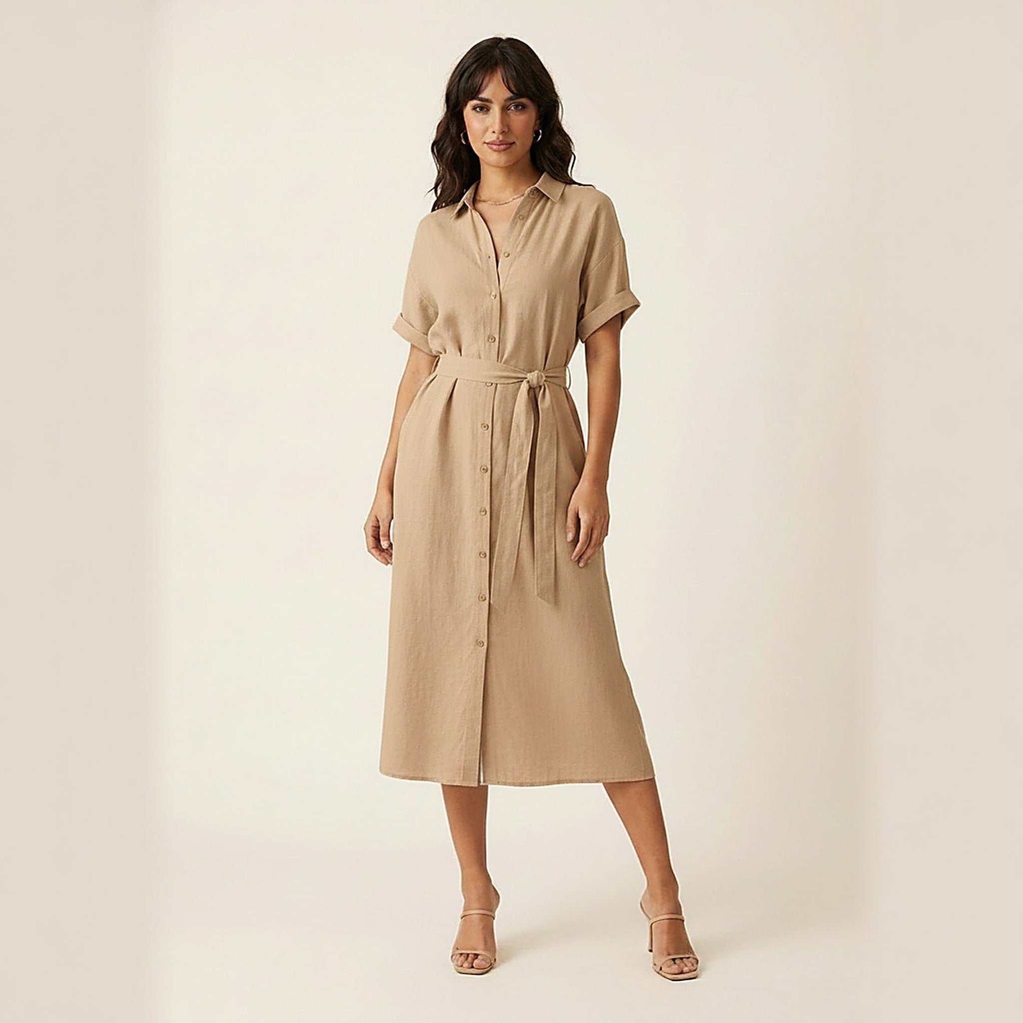 Amalfi" Linen Blend Midi Dress - Natural