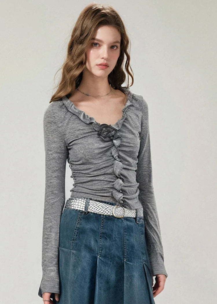 Boutique Blue Cotton Pleated V-Neck T-Shirt for Autumn
