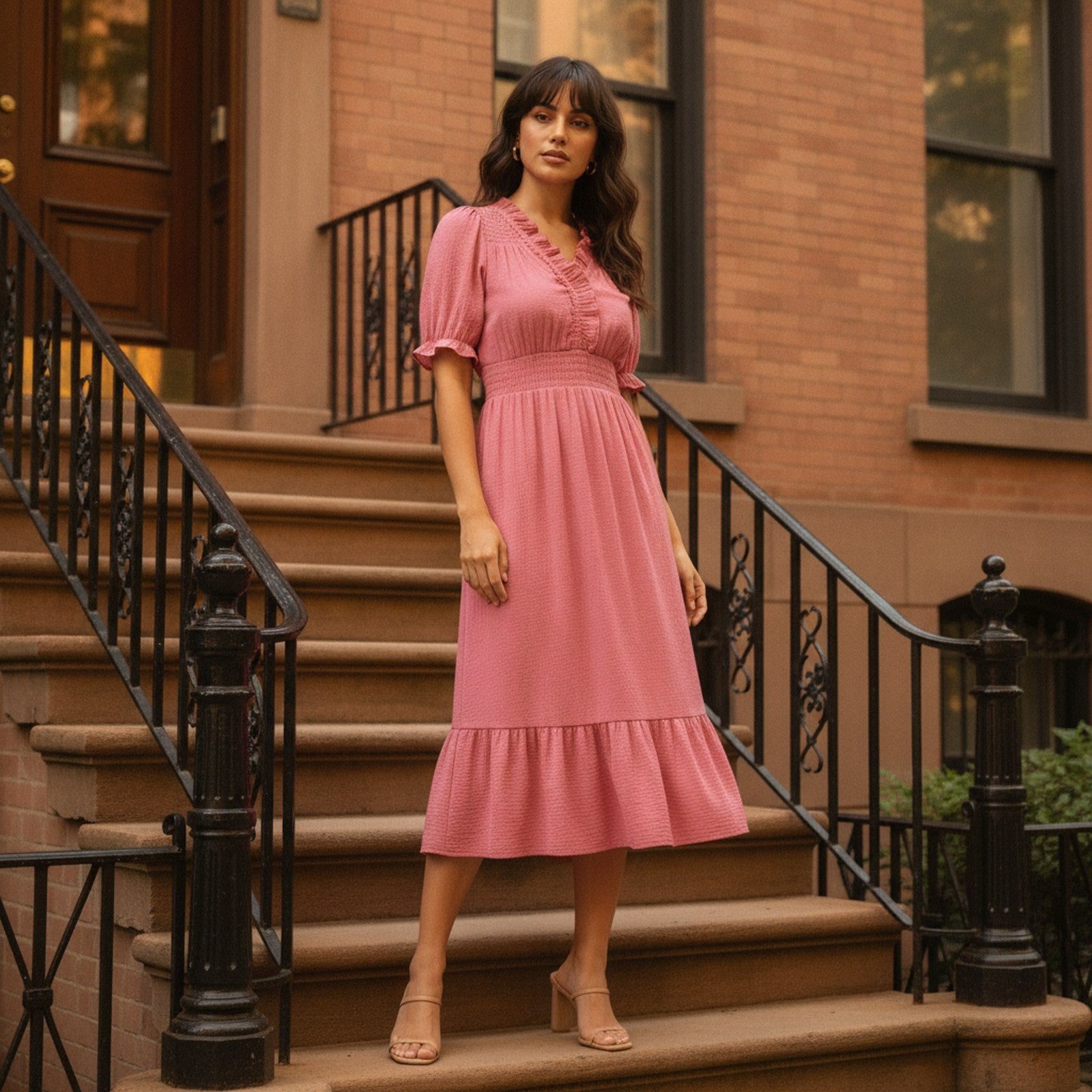 AIv2: Odette | Women's Ruffle V-Neck Midi Dress - Editorial