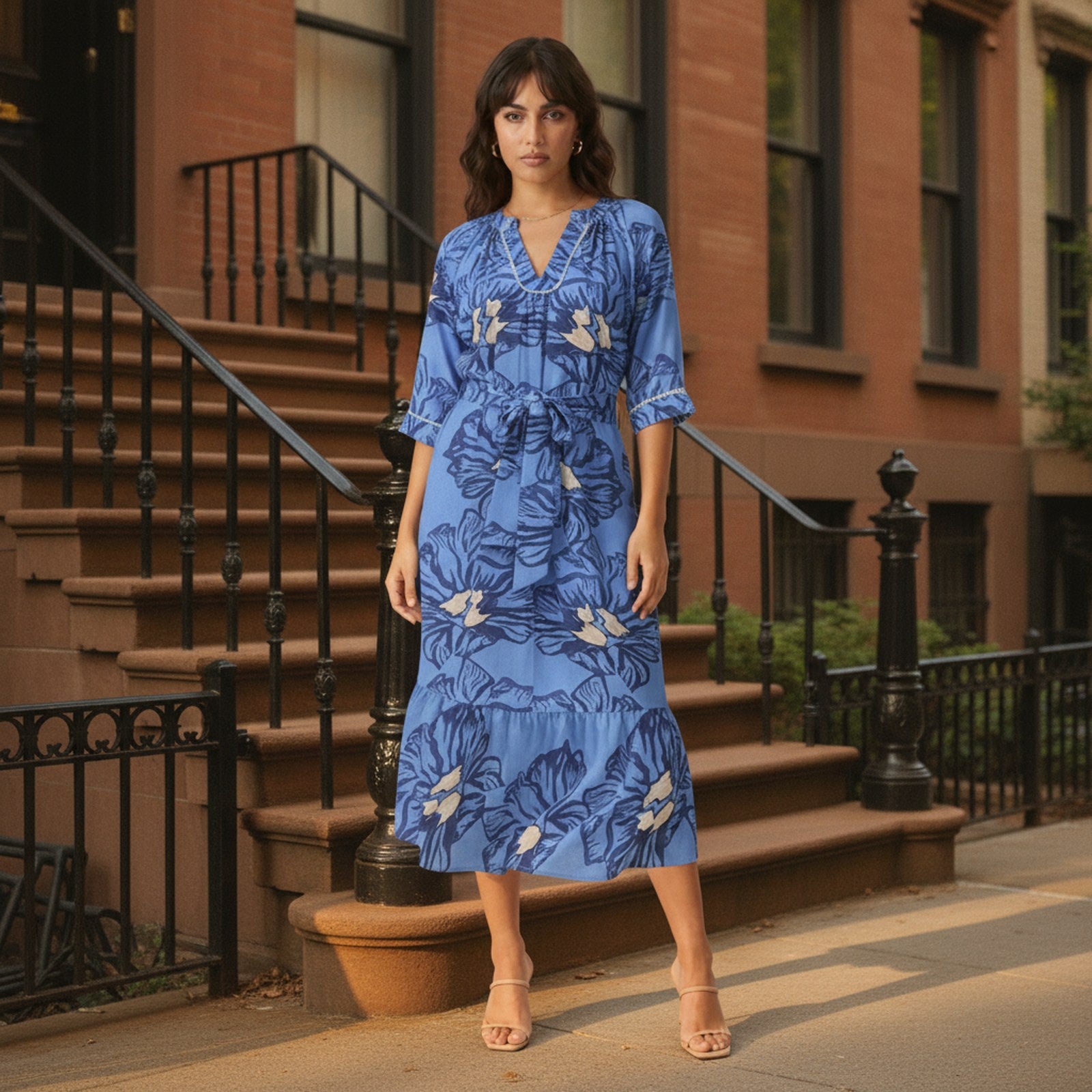 AIv2: Aria | Women's Floral Belted Midi Dress - Lifestyle