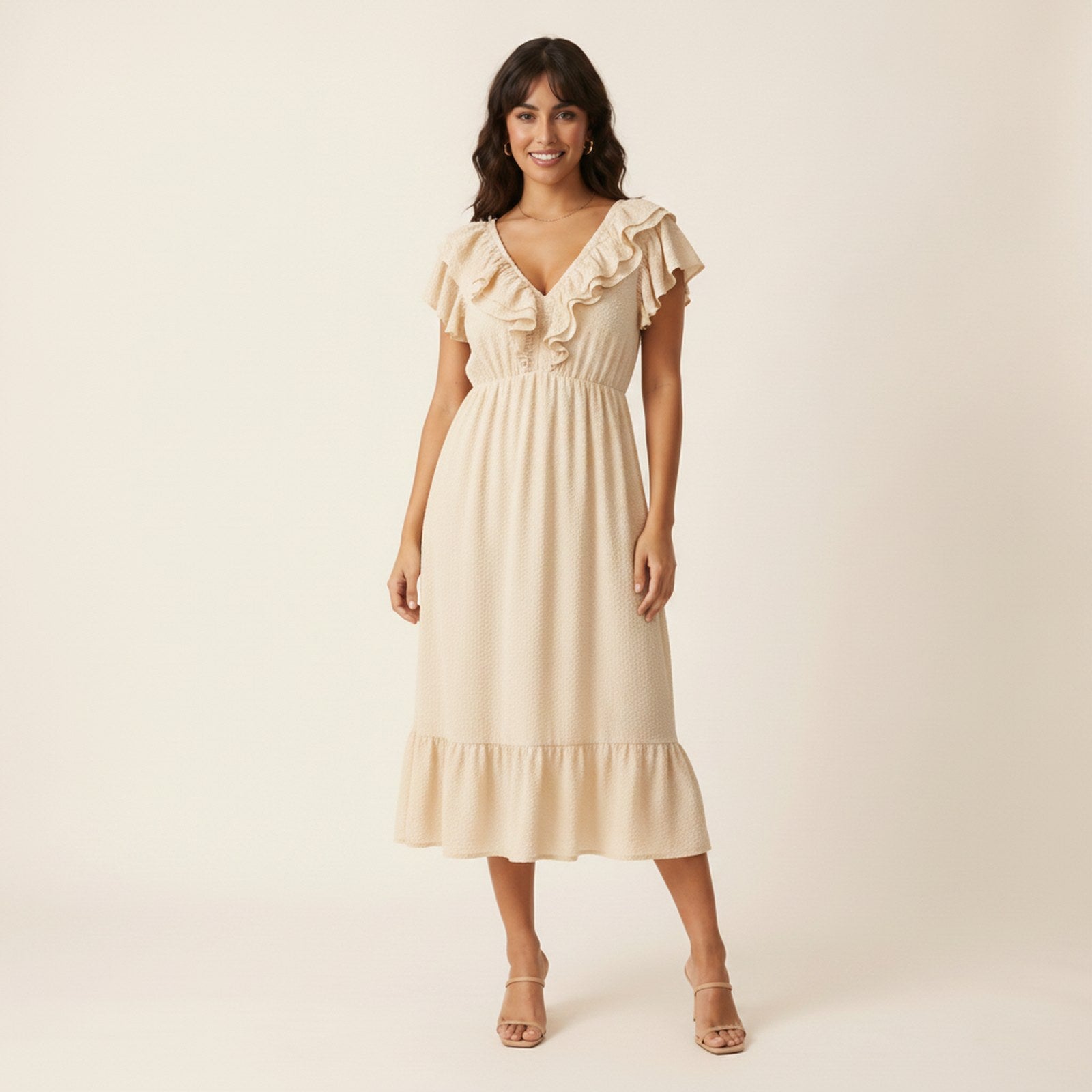 AIv2: Uma | Women's Textured Ruffle Midi Dress — Ecru - Hero Front