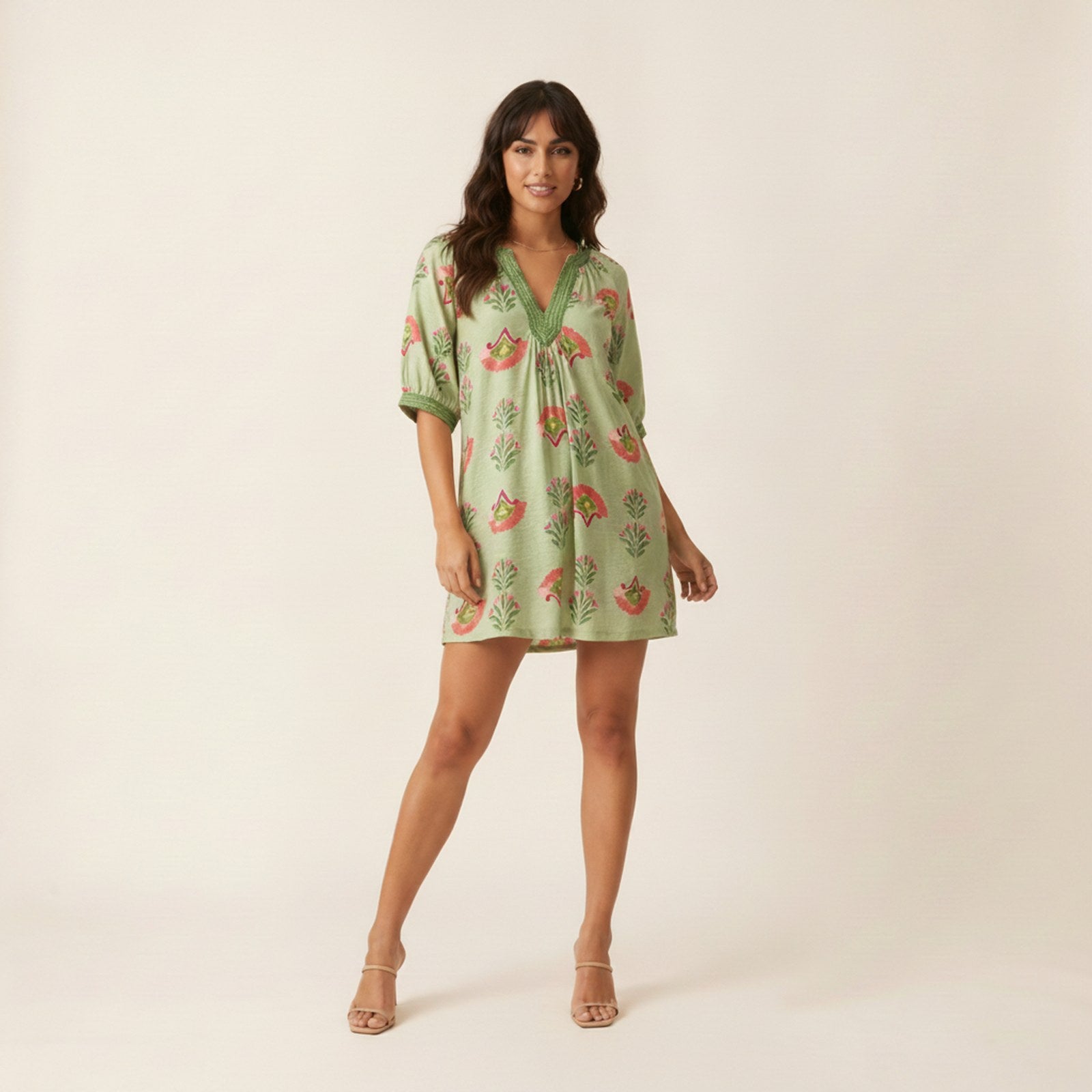AIv2: Marlowe Abstract Print Mini Dress — Sage - Hero Front
