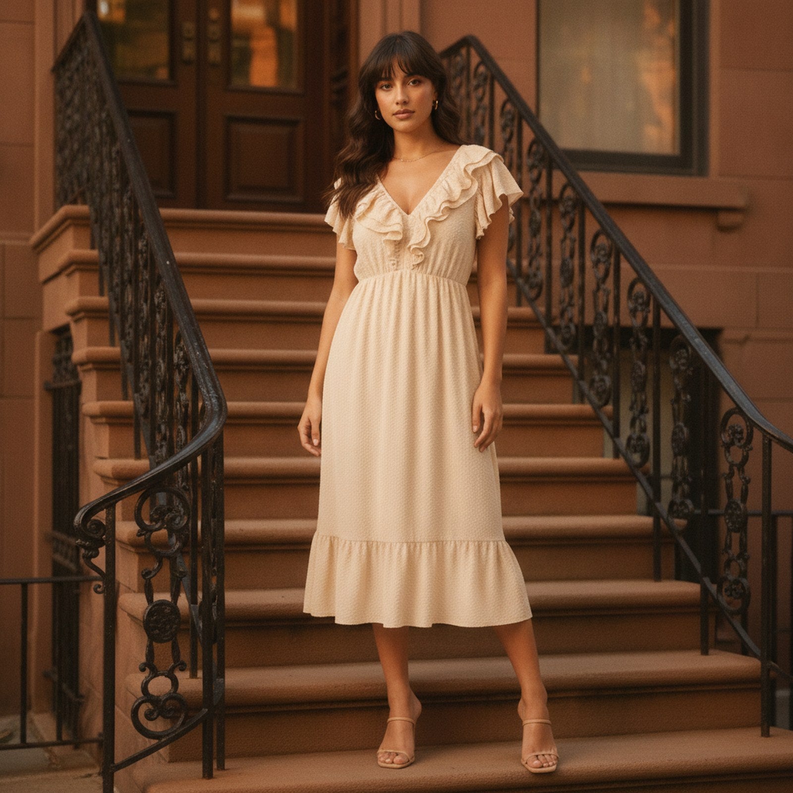 AIv2: Uma | Women's Textured Ruffle Midi Dress — Ecru - Editorial