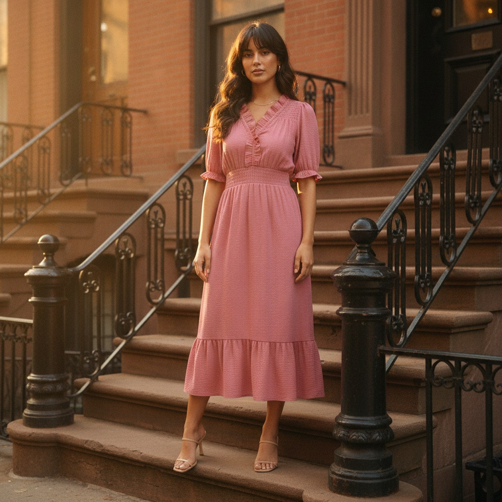 AIv2: Odette | Women's Ruffle V-Neck Midi Dress - Lifestyle