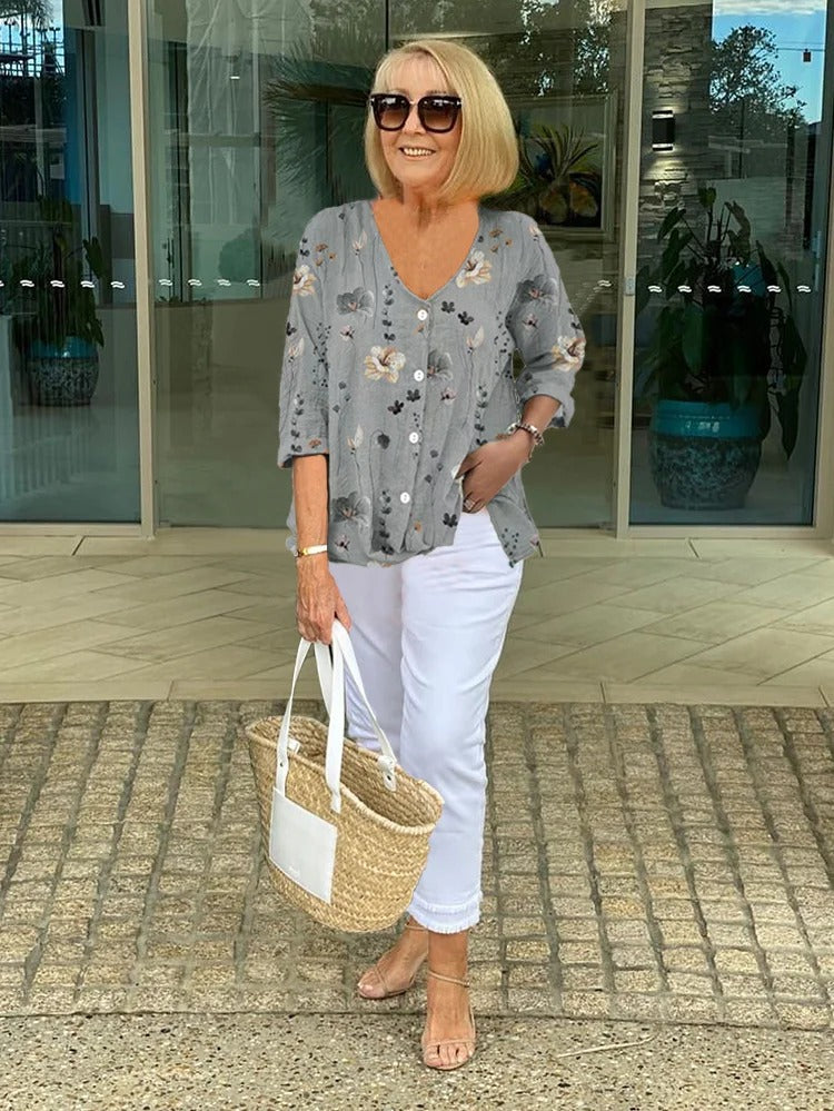 Teresa - Elegant Floral Blouse with Buttons
