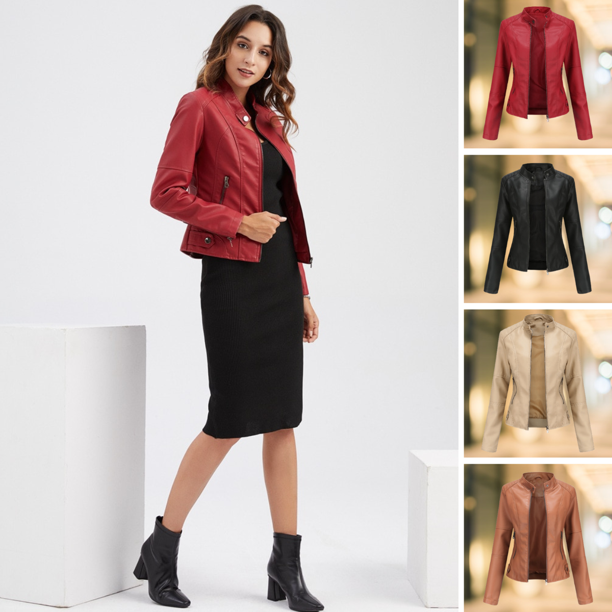 Women's Stand Collar Leather Jacket