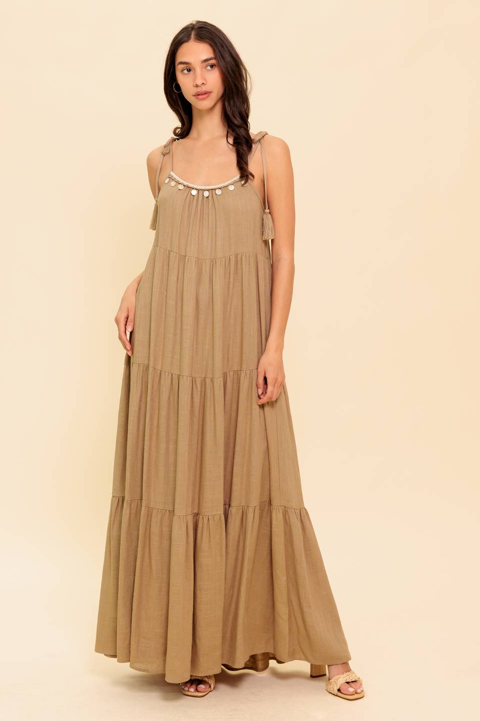 World of Possibilities Taupe Woven Maxi Dress