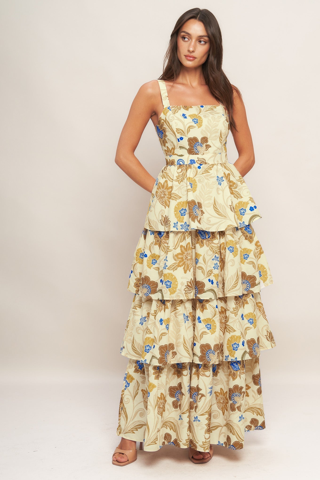 Golden Blossom Woven Maxi Dress