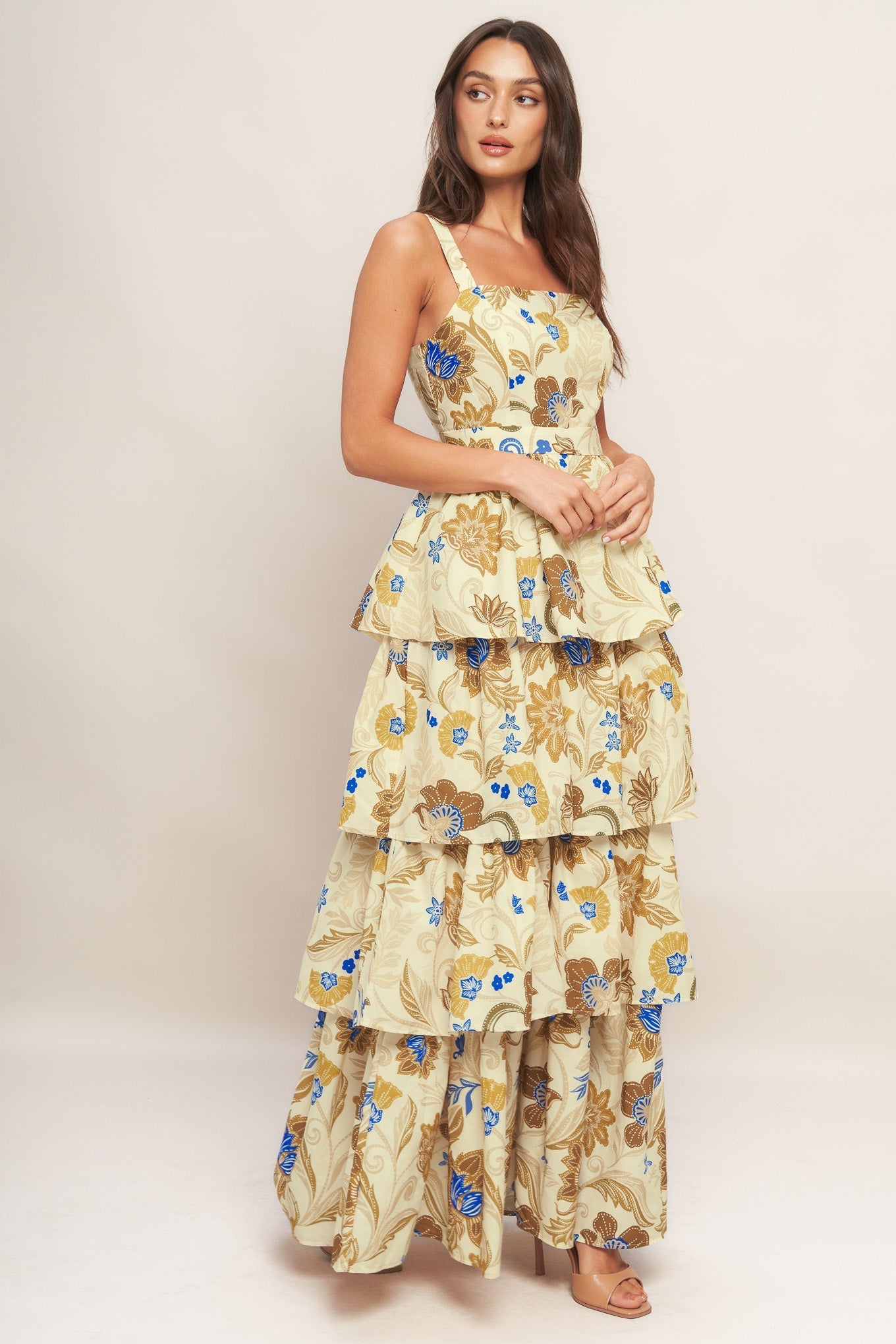 Golden Blossom Woven Maxi Dress