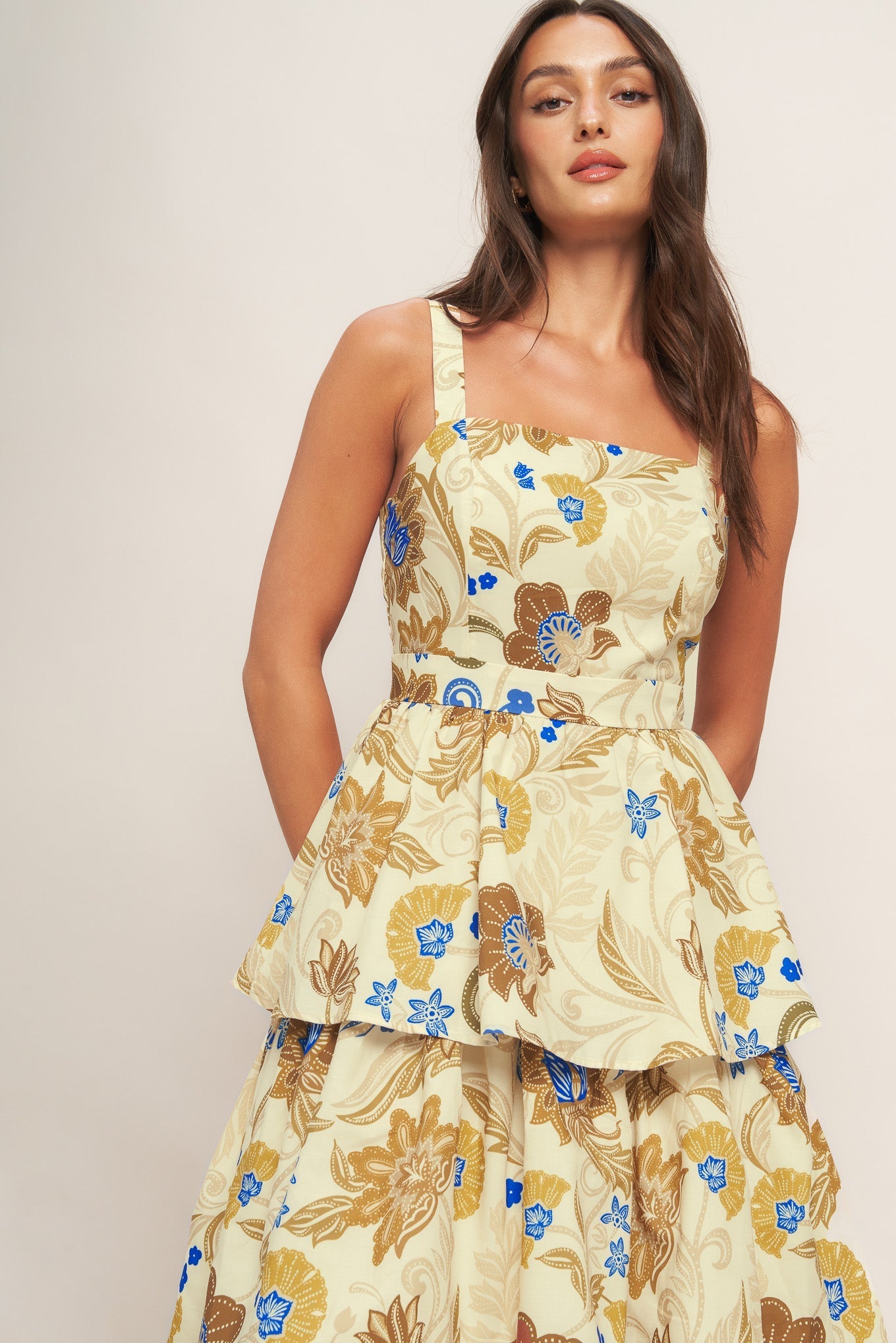 Golden Blossom Woven Maxi Dress