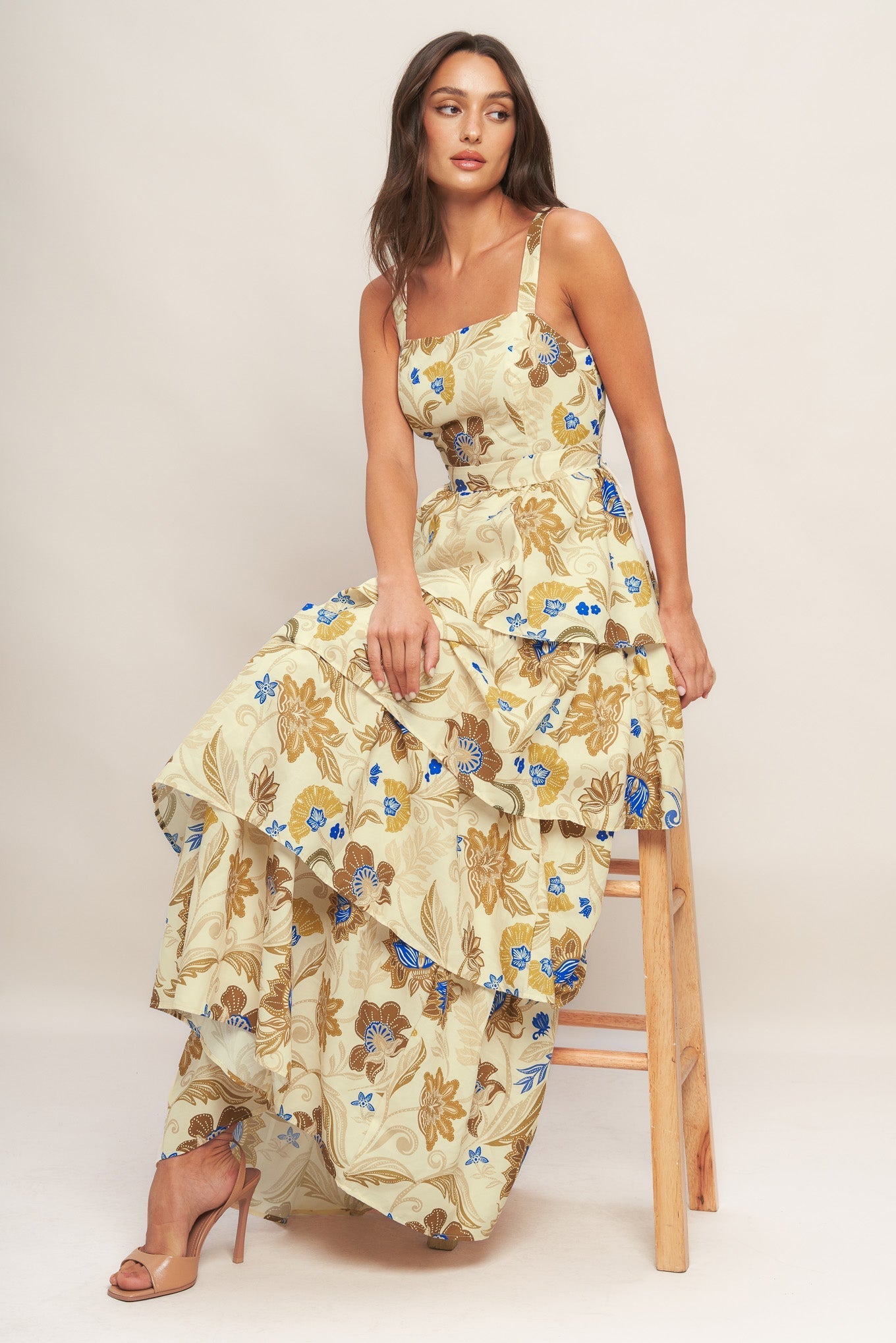 Golden Blossom Woven Maxi Dress