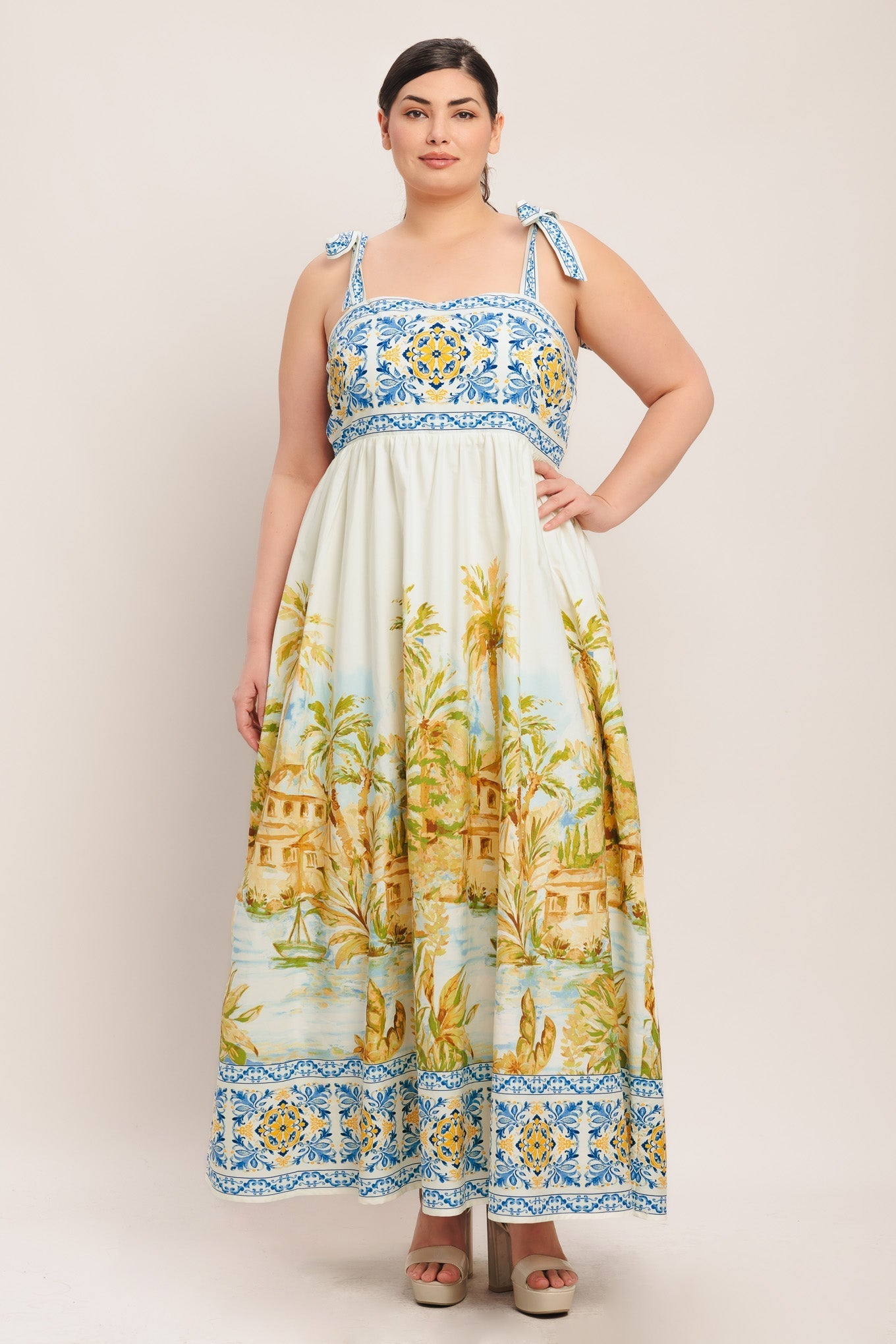Postcard-Print Woven Maxi Dress