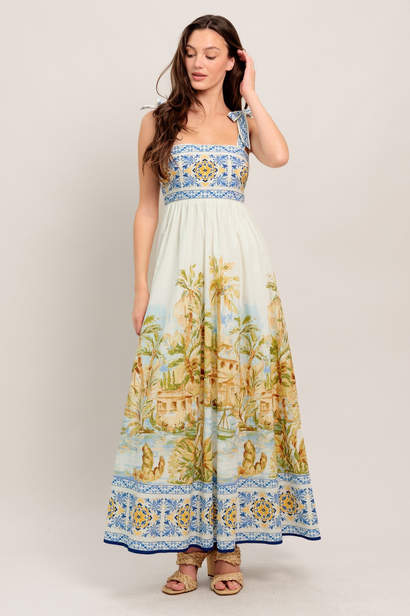 Postcard-Print Woven Maxi Dress