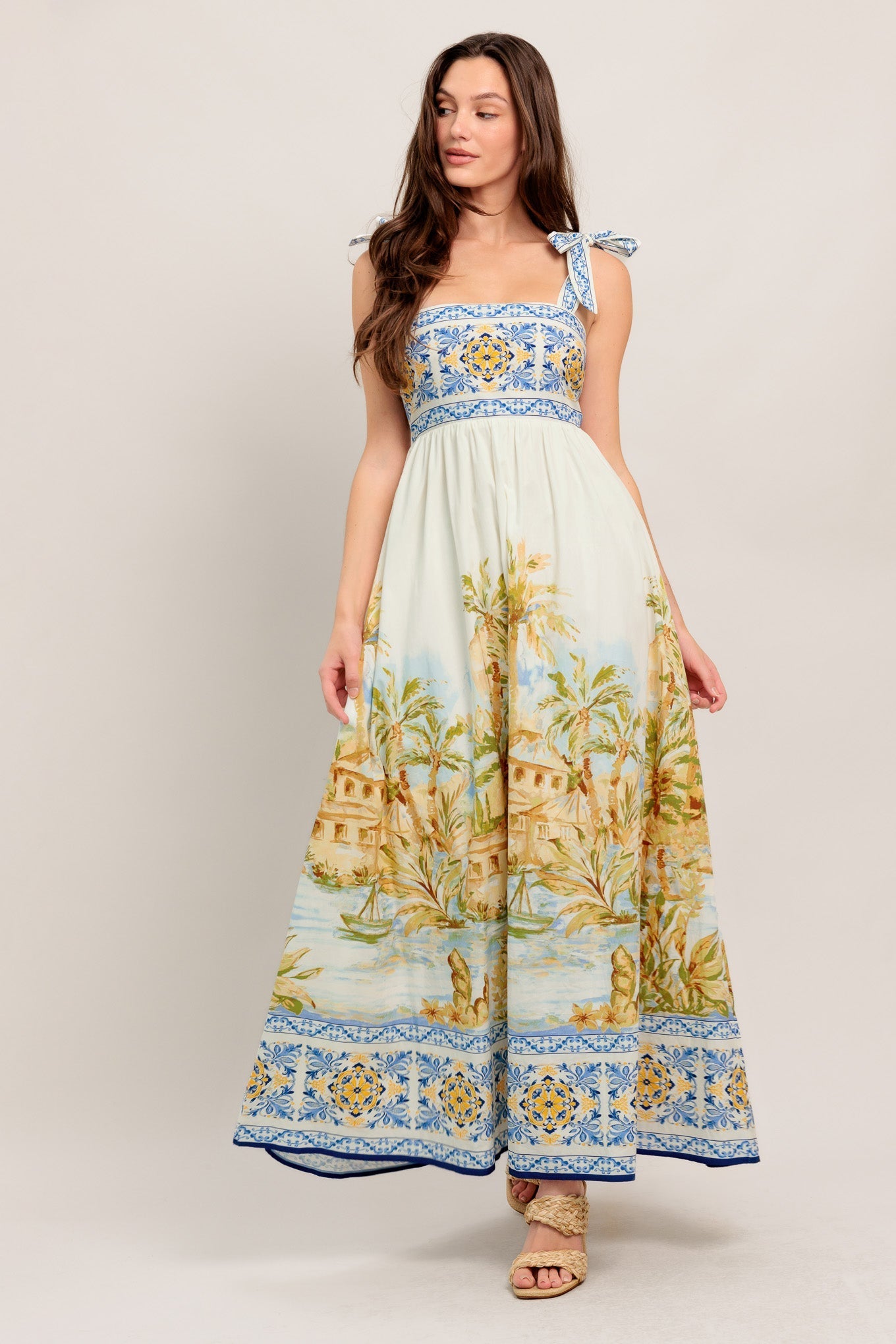 Postcard-Print Woven Maxi Dress