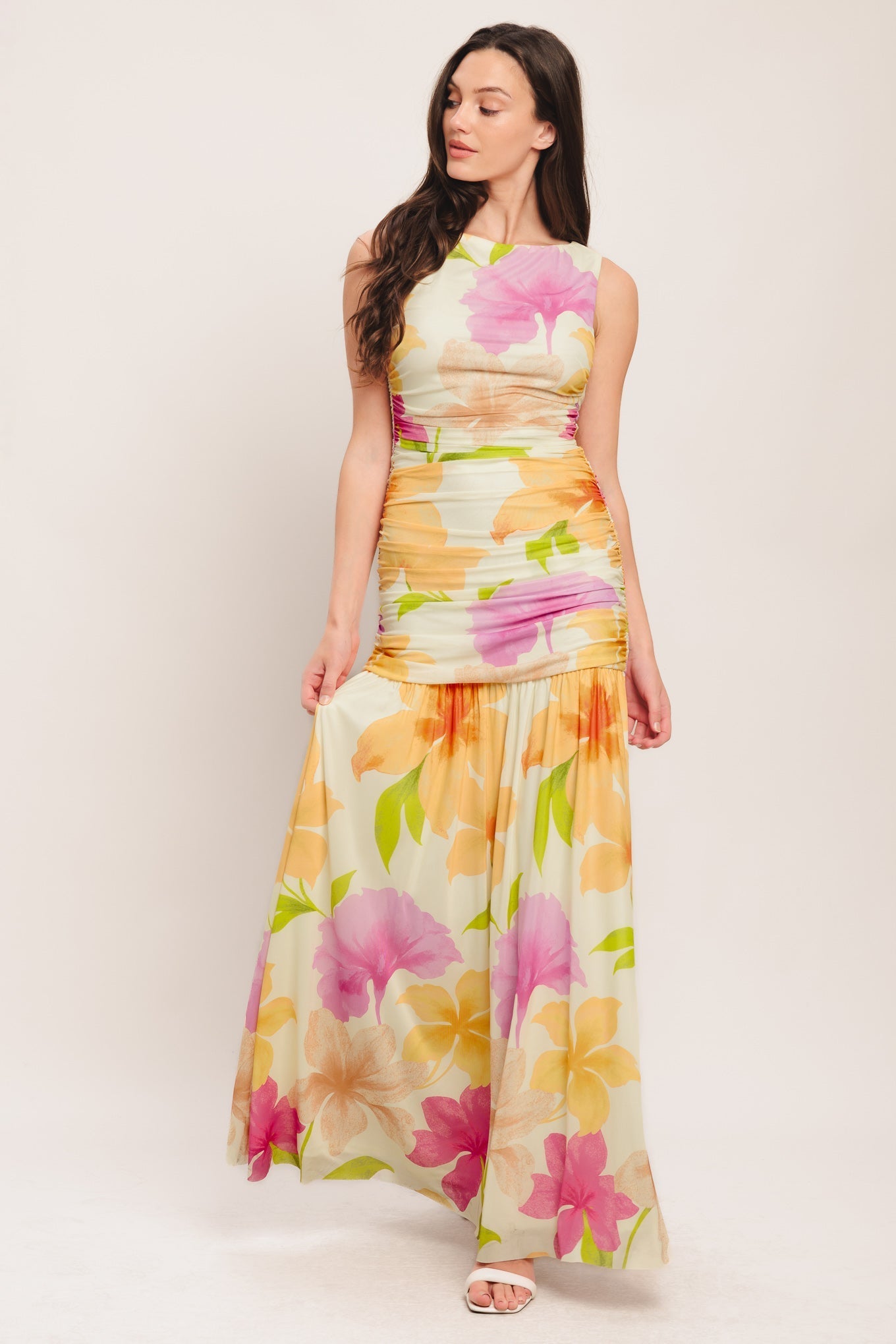 Warm Breeze Blooms Floral Power Mesh Maxi Dress