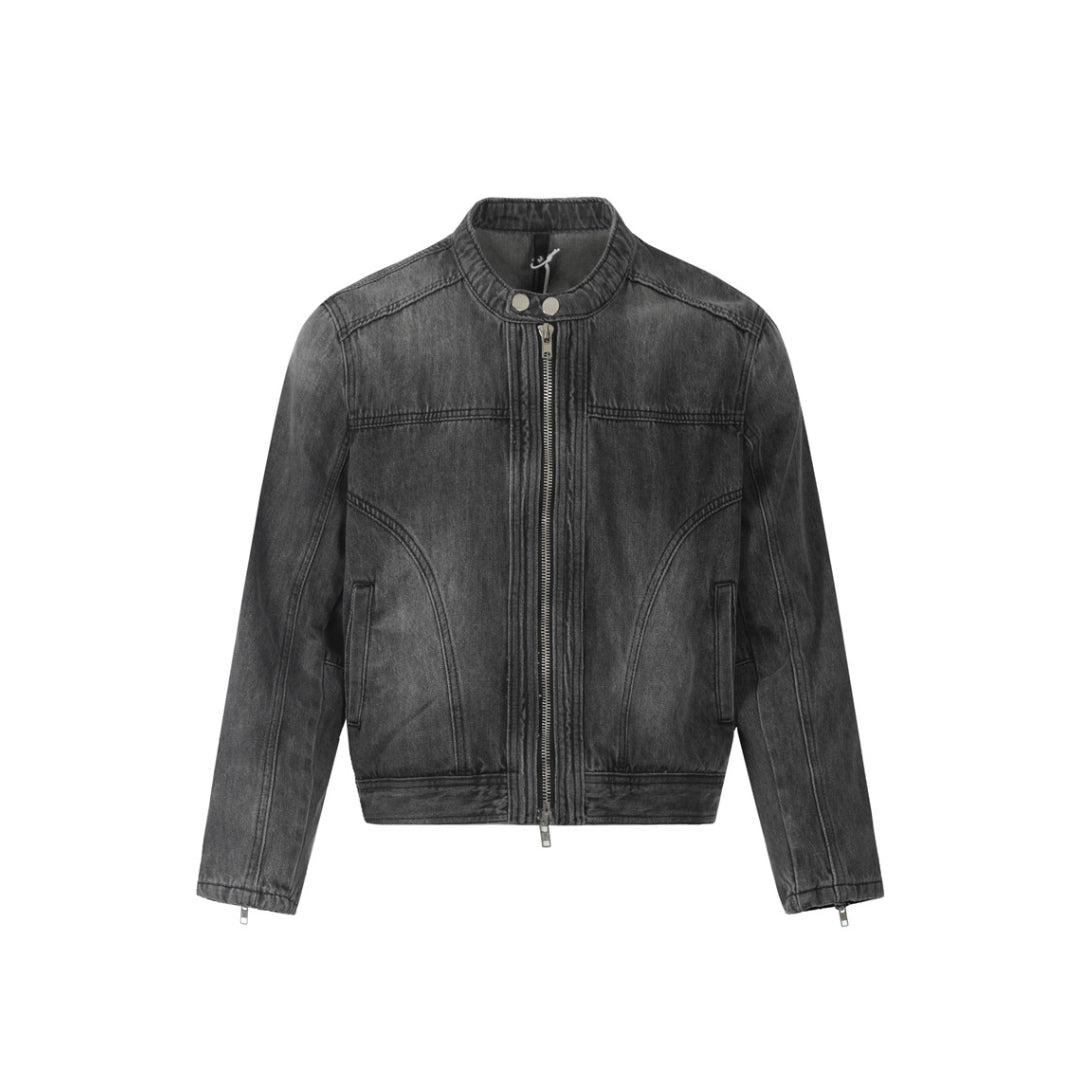 Distressed Denim Motorcycle Jacket