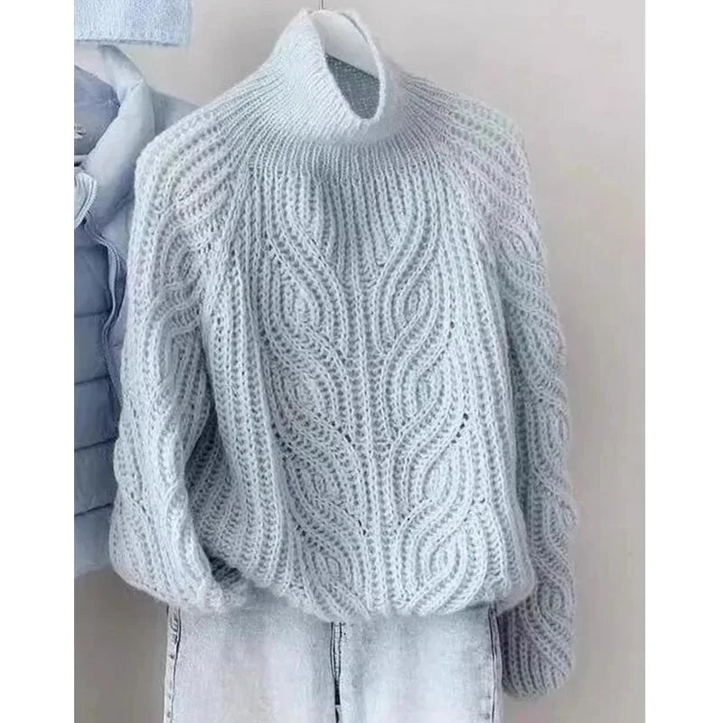 Light Blue Twisted Knit Sweater Women's Spring Autumn Soft Gentle High Collar Mid Length Slit Top by Liang Yi Xuan