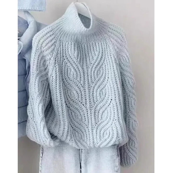 Light Blue Twisted Knit Sweater Women's Spring Autumn Soft Gentle High Collar Mid Length Slit Top by Liang Yi Xuan