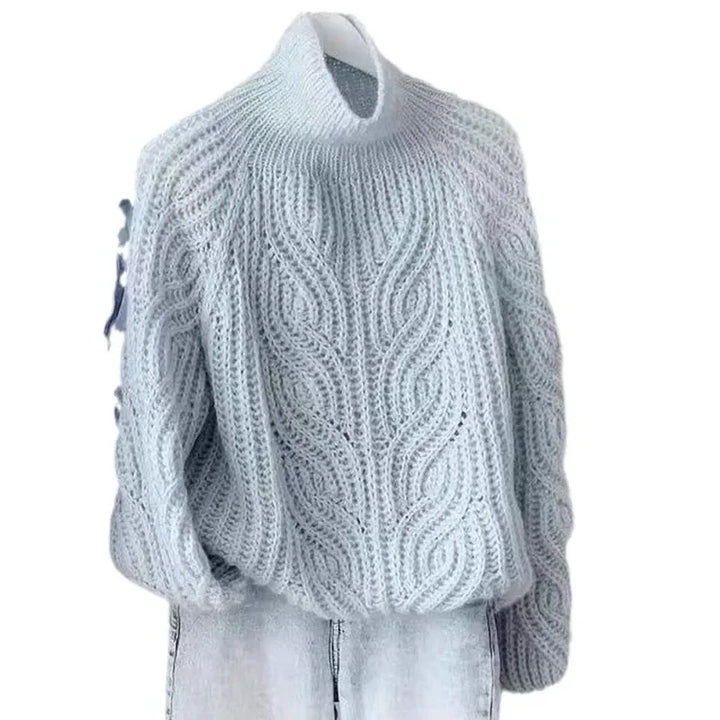Light Blue Twisted Knit Sweater Women's Spring Autumn Soft Gentle High Collar Mid Length Slit Top by Liang Yi Xuan