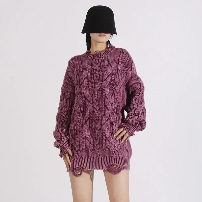 Loose Knitted Sweater Women's Crew Neck Long Sleeve Torn Top Spring New Style Casual High Quality Female Clothing