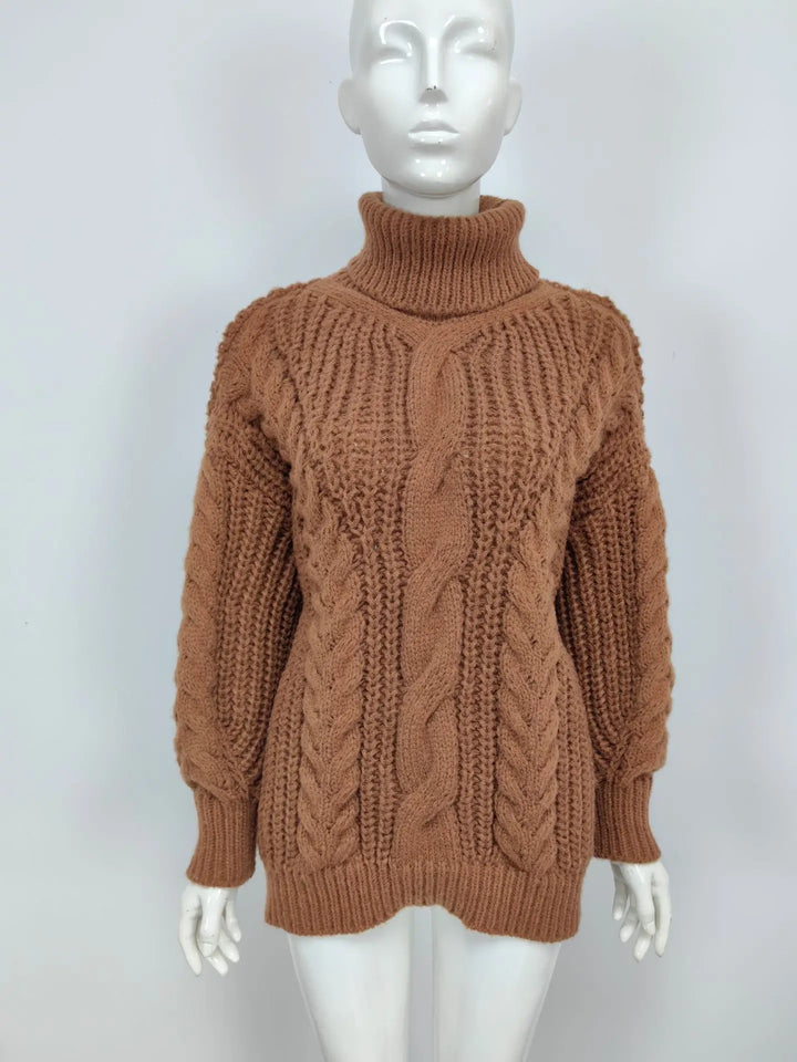 Autumn Warm Winter Turtleneck Long Lantern Sleeve Thick Twist Knot Knitted Pullover Sweater Coats PYZL-37