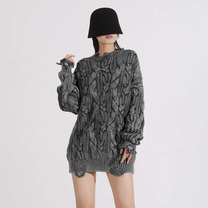 Loose Knitted Sweater Women's Crew Neck Long Sleeve Torn Top Spring New Style Casual High Quality Female Clothing