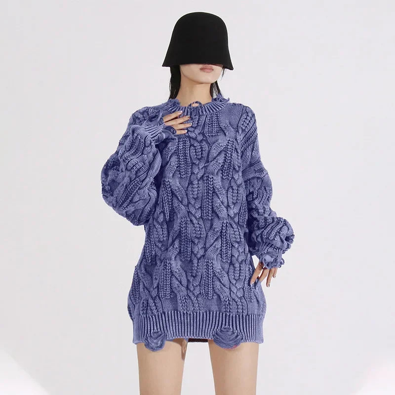 Loose Knitted Sweater Women's Crew Neck Long Sleeve Torn Top Spring New Style Casual High Quality Female Clothing