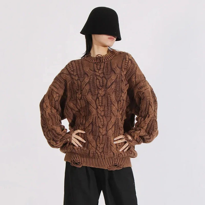 Loose Knitted Sweater Women's Crew Neck Long Sleeve Torn Top Spring New Style Casual High Quality Female Clothing