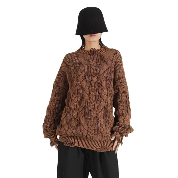 Loose Knitted Sweater Women's Crew Neck Long Sleeve Torn Top Spring New Style Casual High Quality Female Clothing