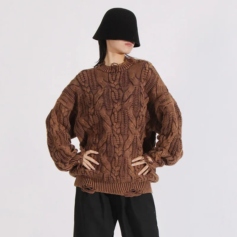 Loose Knitted Sweater Women's Crew Neck Long Sleeve Torn Top Spring New Style Casual High Quality Female Clothing