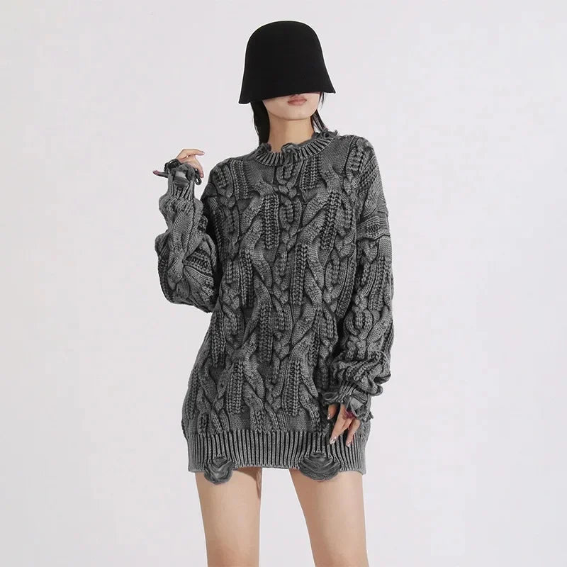 Loose Knitted Sweater Women's Crew Neck Long Sleeve Torn Top Spring New Style Casual High Quality Female Clothing