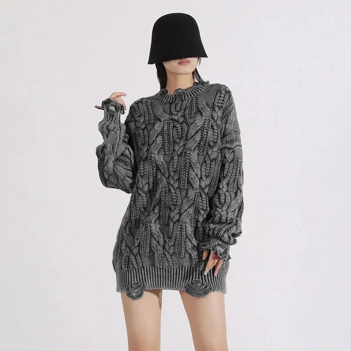 Loose Knitted Sweater Women's Crew Neck Long Sleeve Torn Top Spring New Style Casual High Quality Female Clothing