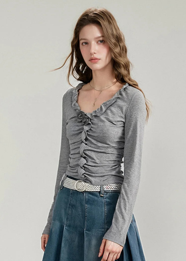 Boutique Blue Cotton Pleated V-Neck T-Shirt for Autumn